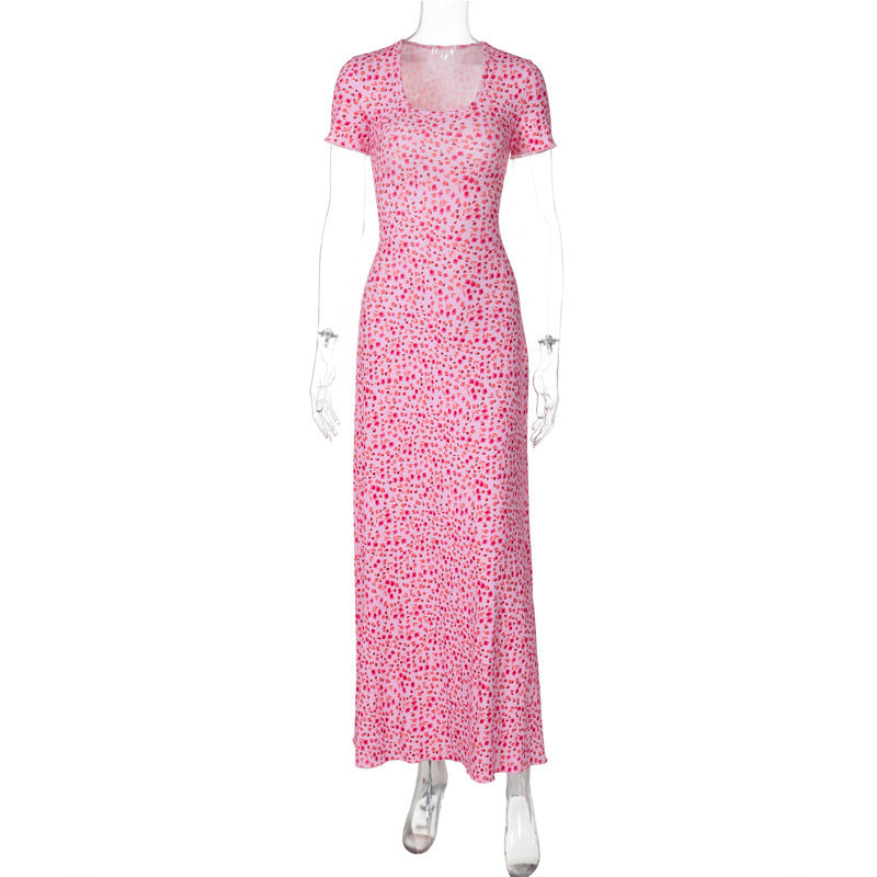 Chic U-Neck Printed Dress with Strappy Back and Short Sleeves