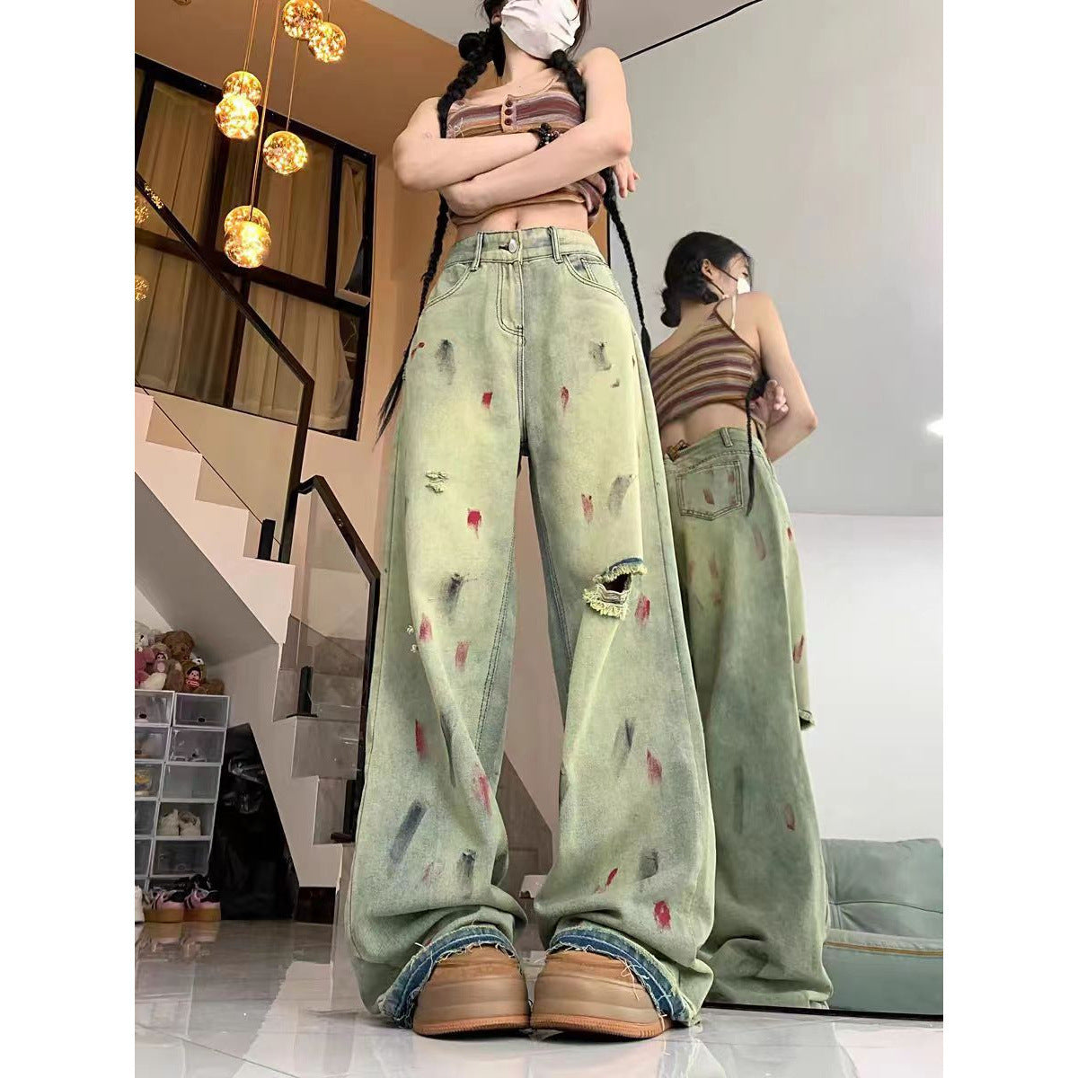 Jeans pintados de pierna ancha con estilo artístico
