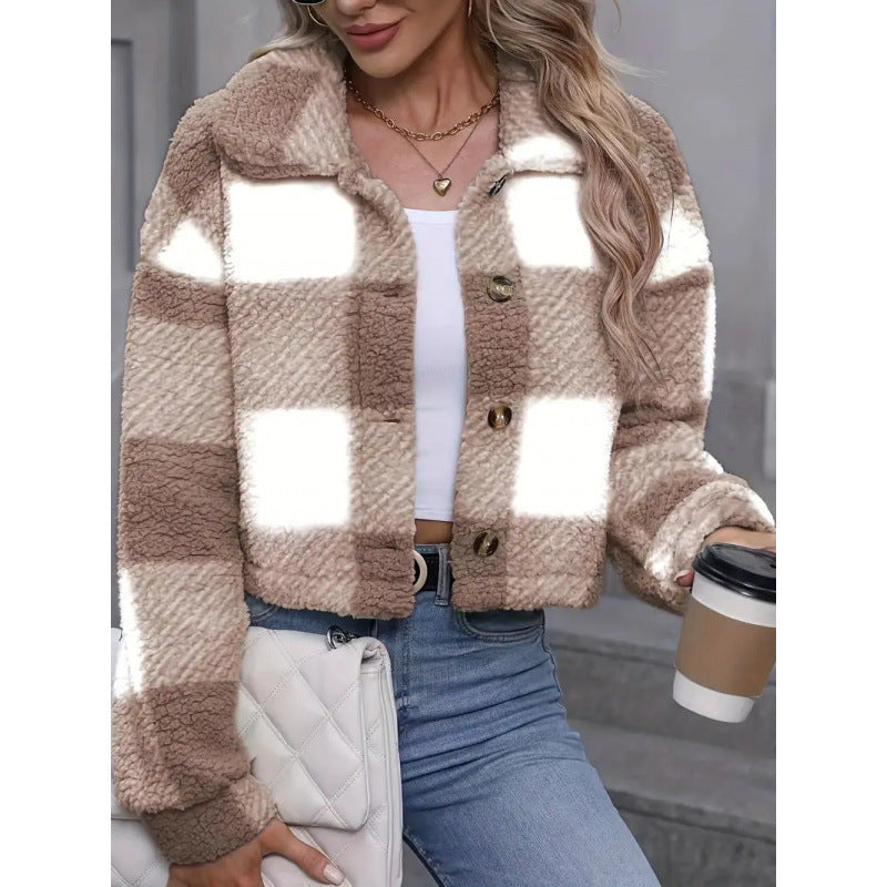 Plaid Plush Button Cardigan Coat For Women Warm