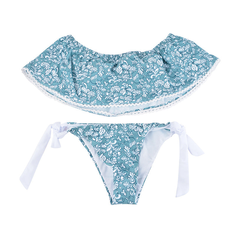 Lichtblauwe bloemenbloem Slit Bikini Beach Ensemble