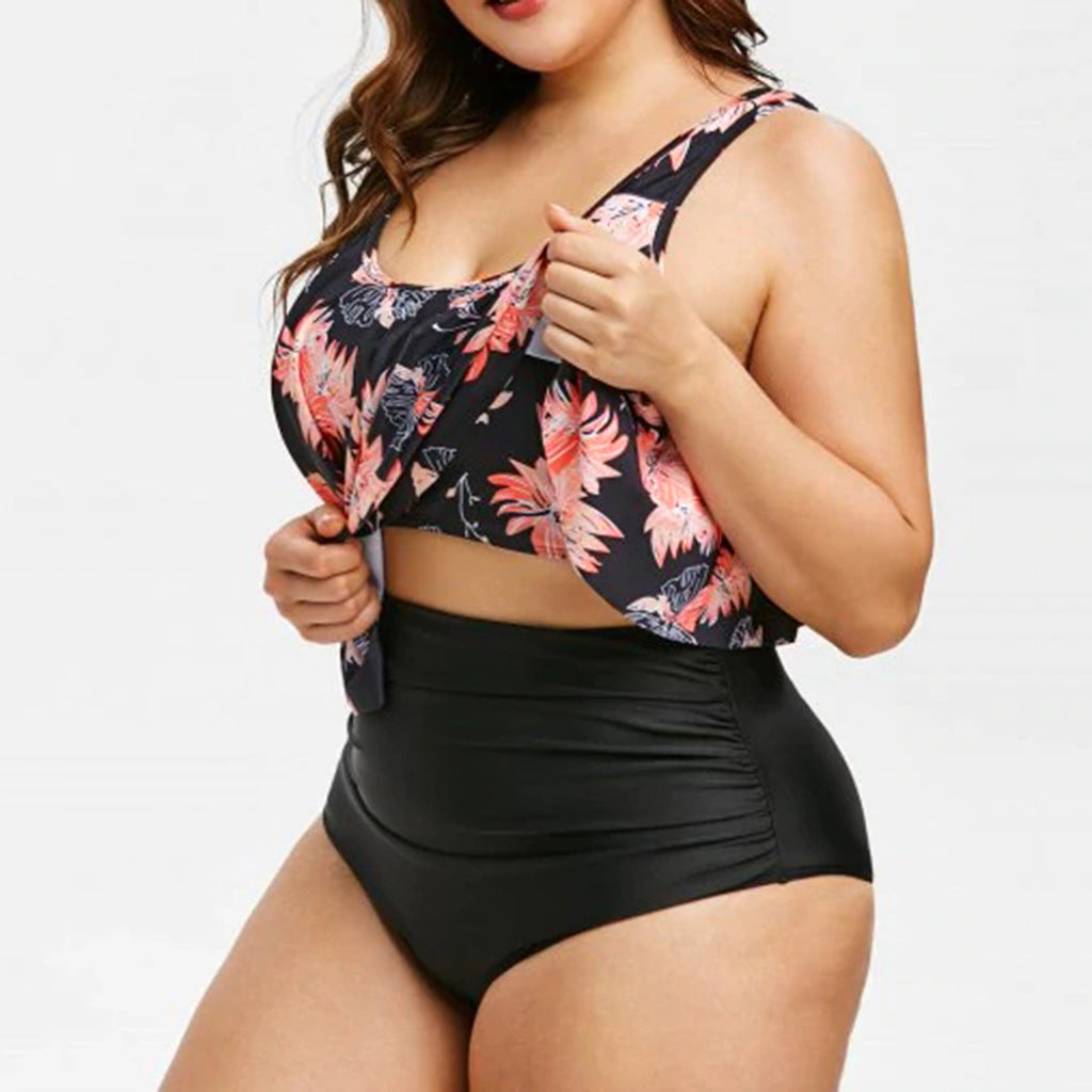 High-Waist Lotus Print One-Piece Swimsuit for Elegant Flair
