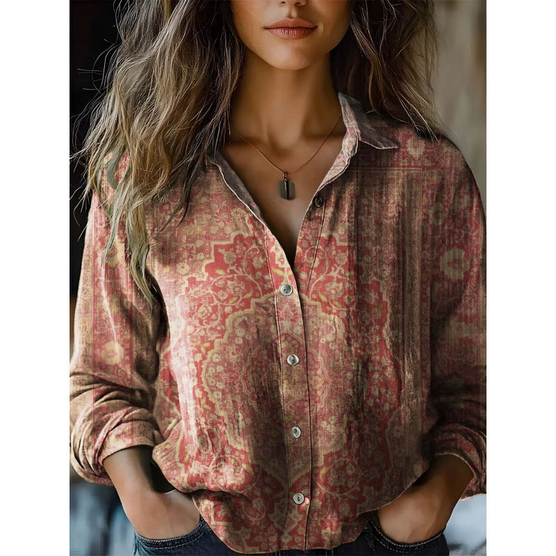 Retro Print Long Sleeve Casual Shirt