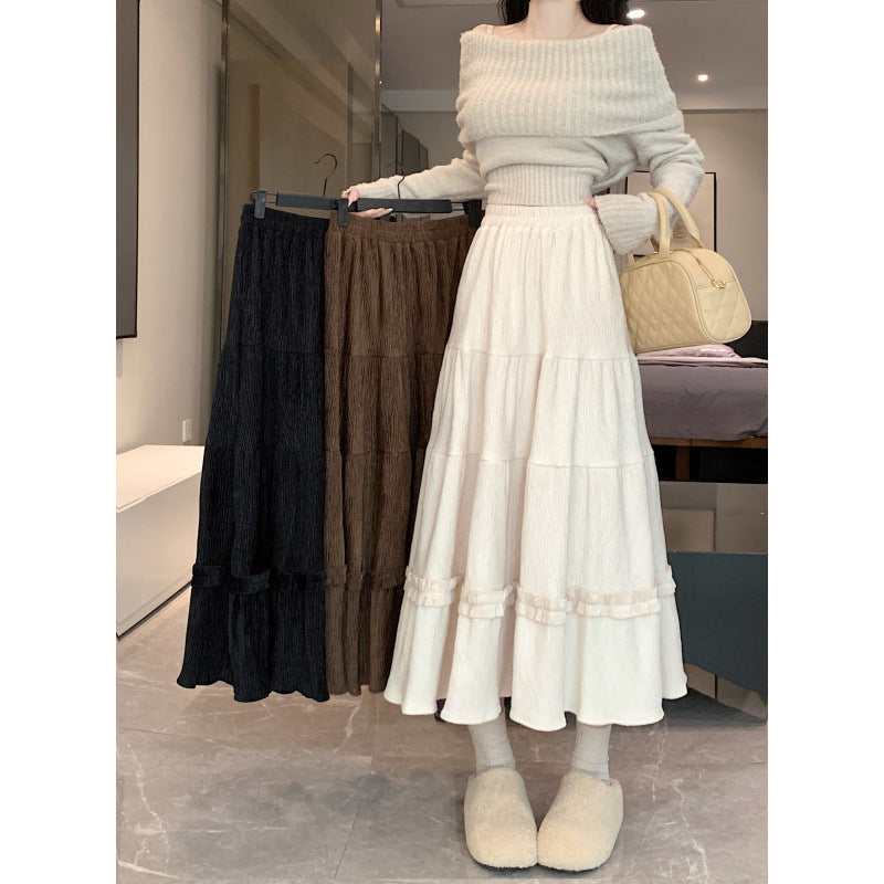 MIDI-A-Line-Rock mit elastischer Taille koreanischer Stil schlank