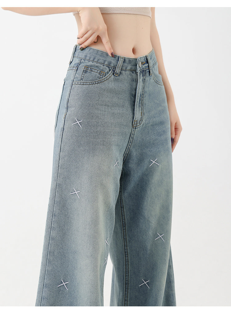 Jeans de perna larga bordados tencel para mulheres