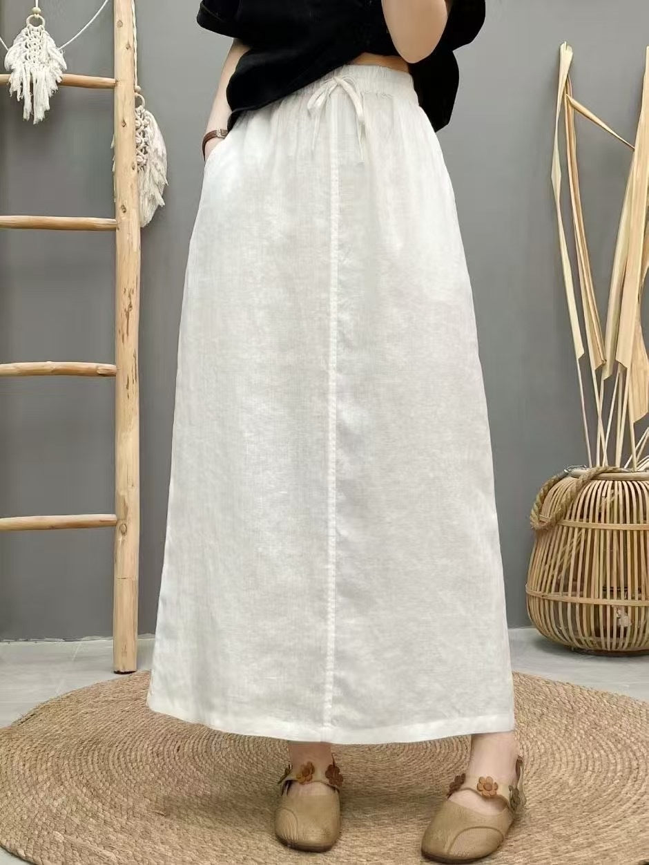 帶後縫的繫帶亞麻腰裙