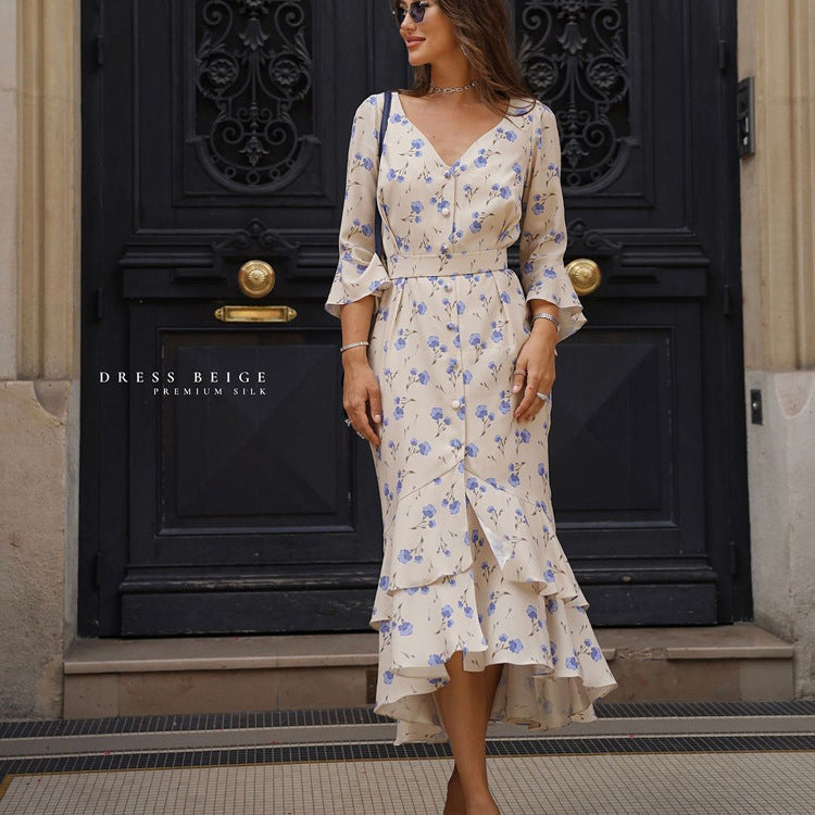Asymmetric V-Neck Delicate Floral Dress with Breezy Flared Sleeves