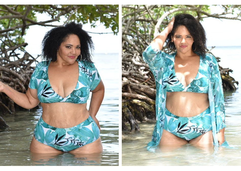 Driedelige tropische tropische plus size bikini set voor dames