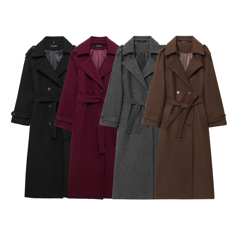 British-style Double-breasted Long Wool Coat For Women