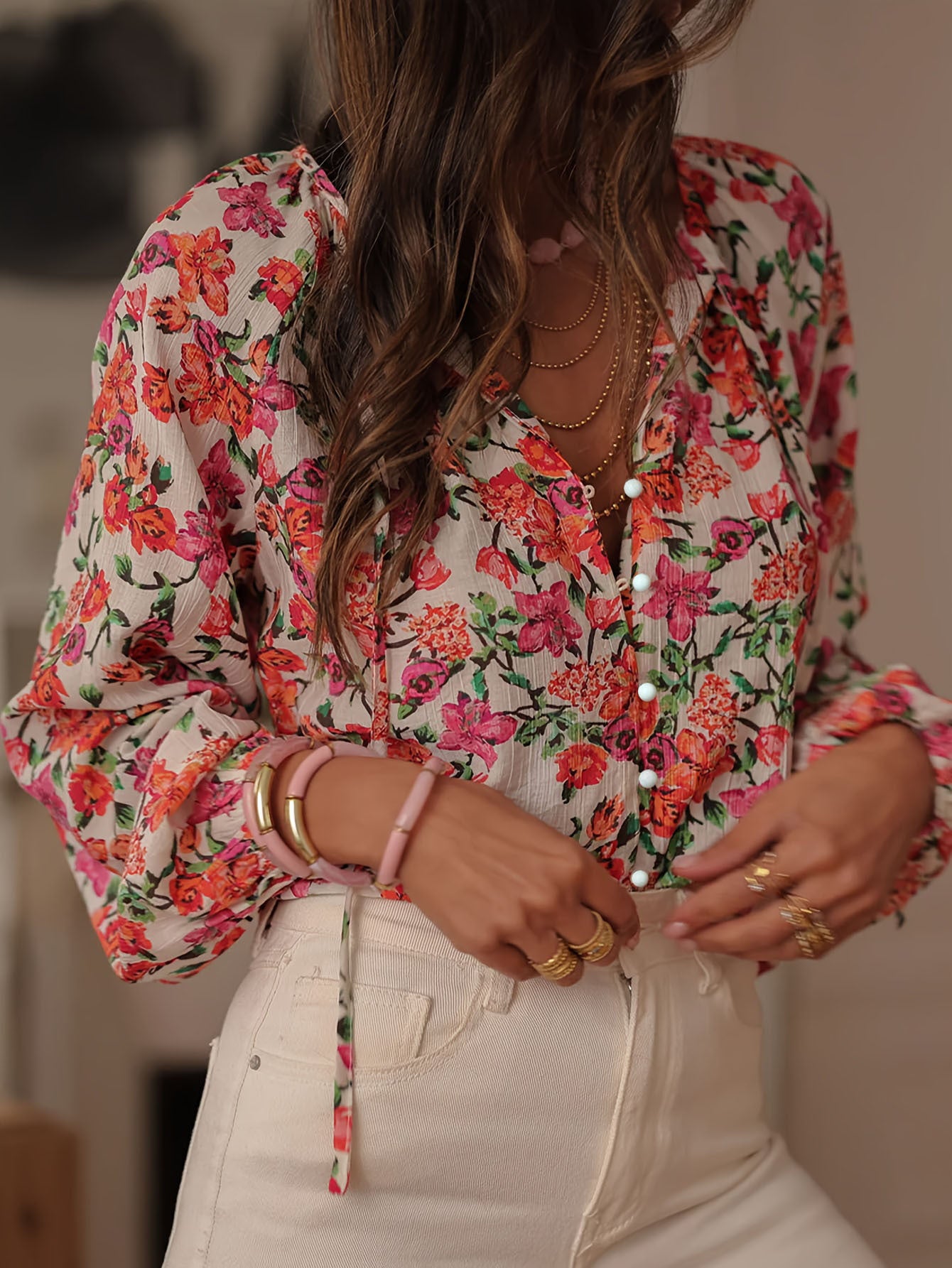 Women's Retro Colorblock Rose Embroidered Shirt Top