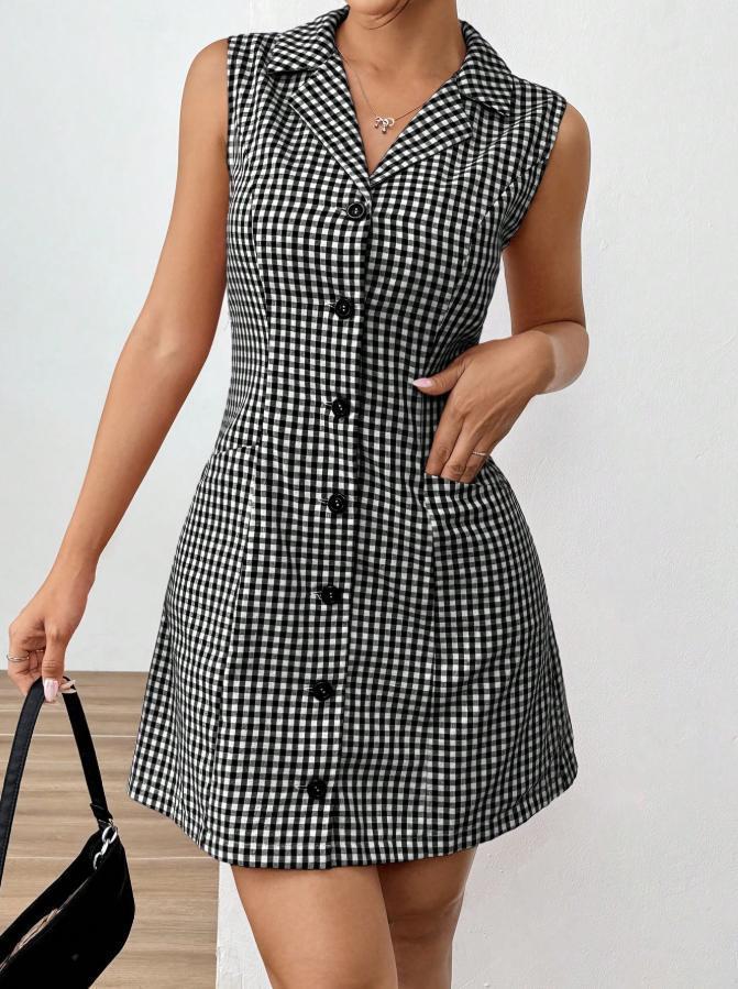 Chic French Plaid Lapel Dress with Vintage Retro Allure