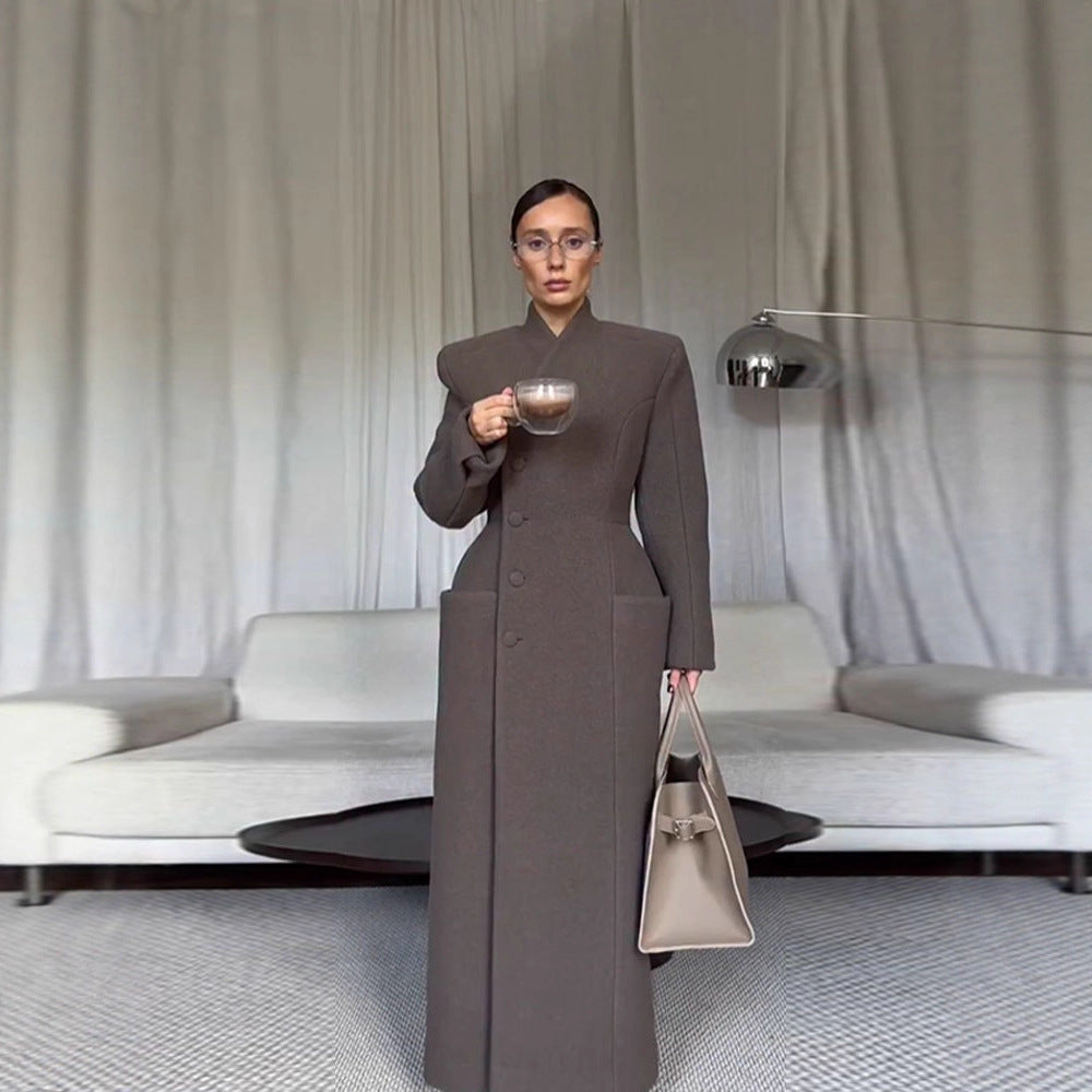 Tailored Shoulder-Padded Waist-Cinching Long Wool Coat For Women
