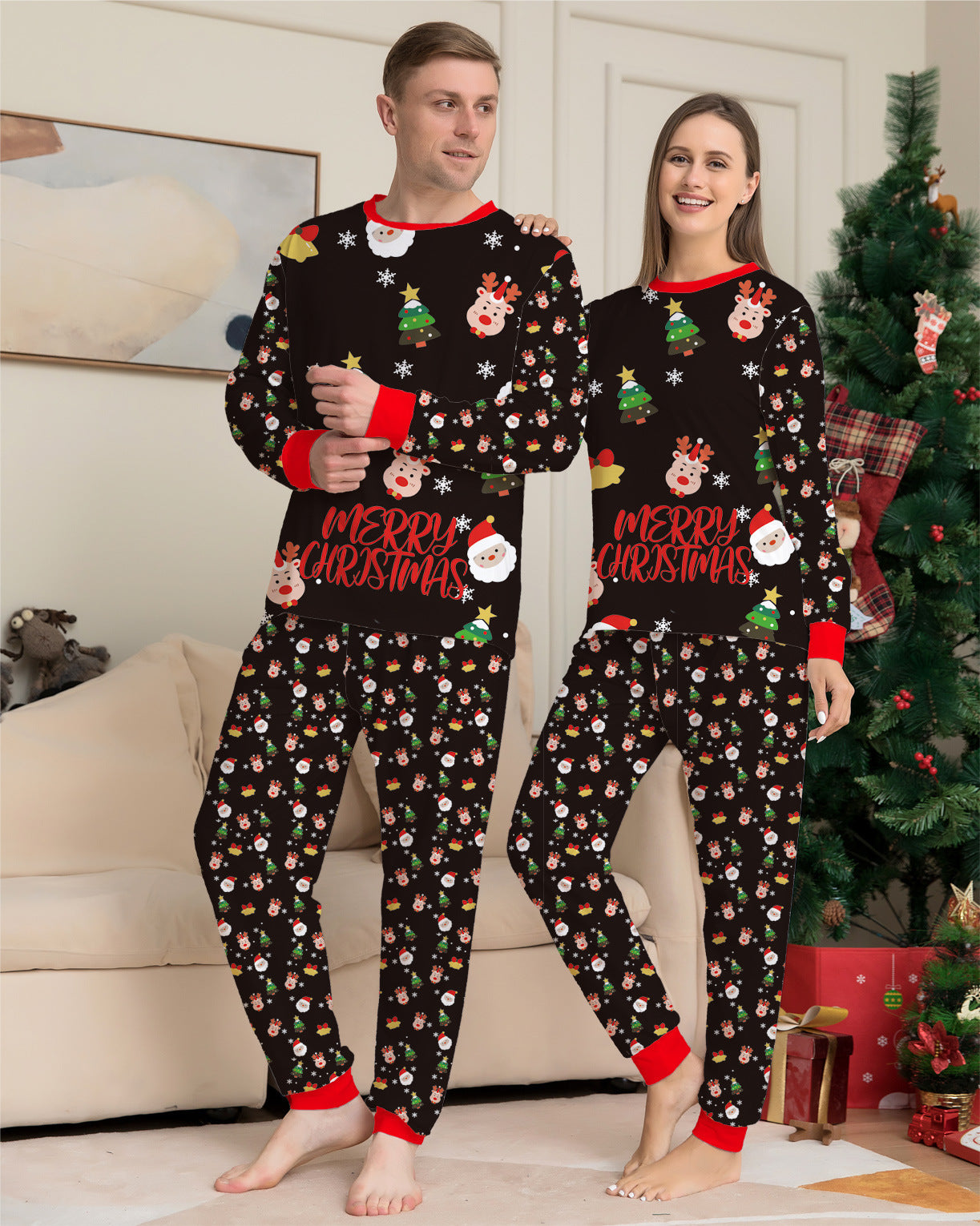 Cute Merry Christmas Red and Black Matching Family Pajama Set