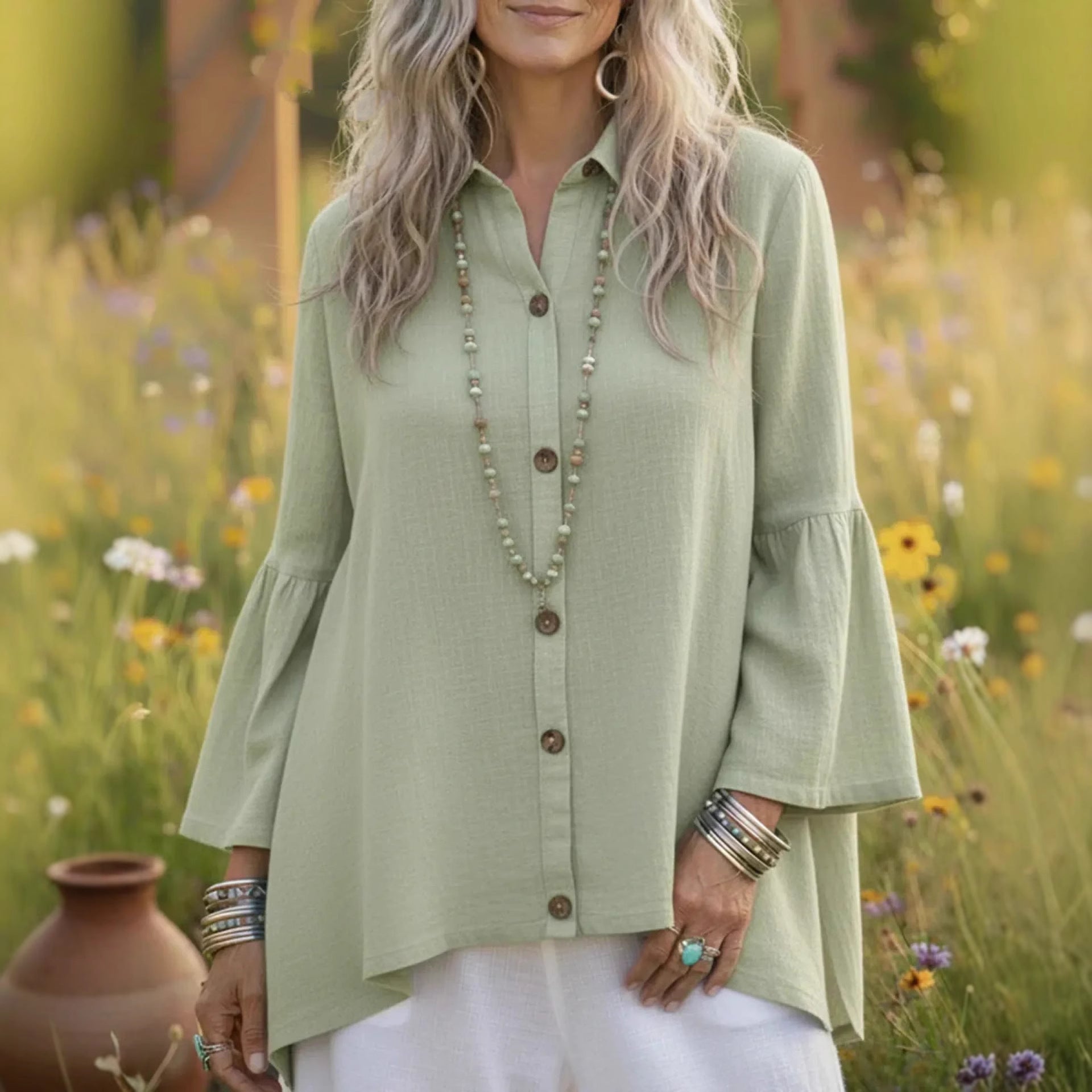 Women's Loose Solid-color Cotton-Linen Flare-sleeve Shirt