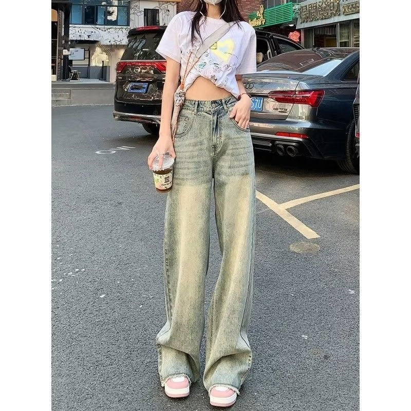 Cement Yellow Wide-Leg Jeans with Retro Spring Vibe