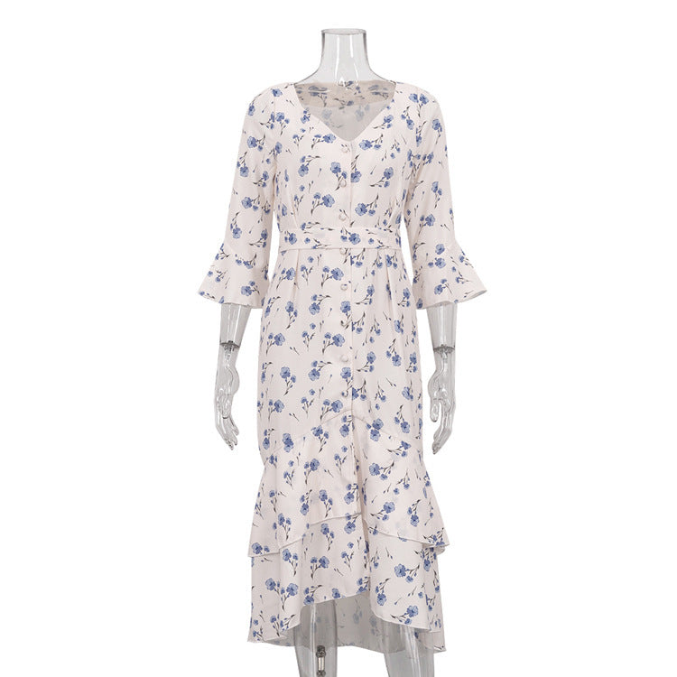 Asymmetric V-Neck Delicate Floral Dress with Breezy Flared Sleeves