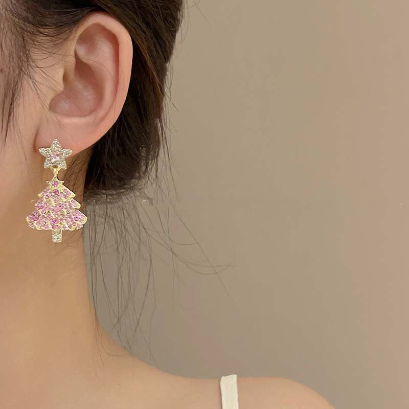 Elegant Christmas Tree Stud Back Dangle Earrings with Jewels