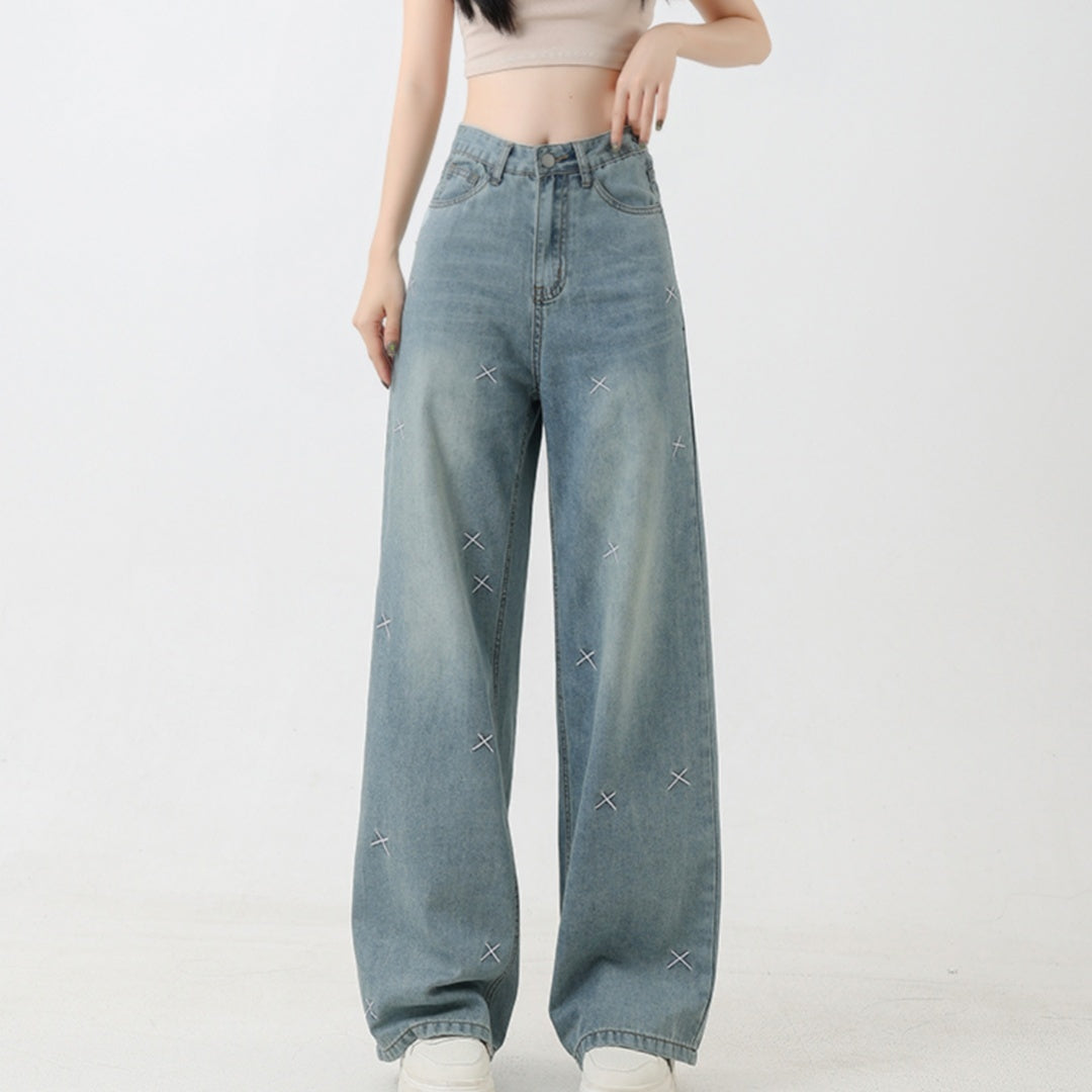 Jeans de perna larga bordados tencel para mulheres