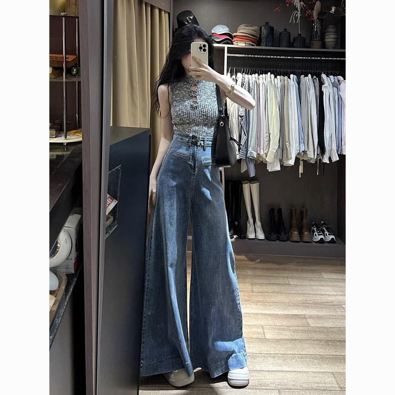 Jeans de pierna ancha hasta piso azul retro con drapeas