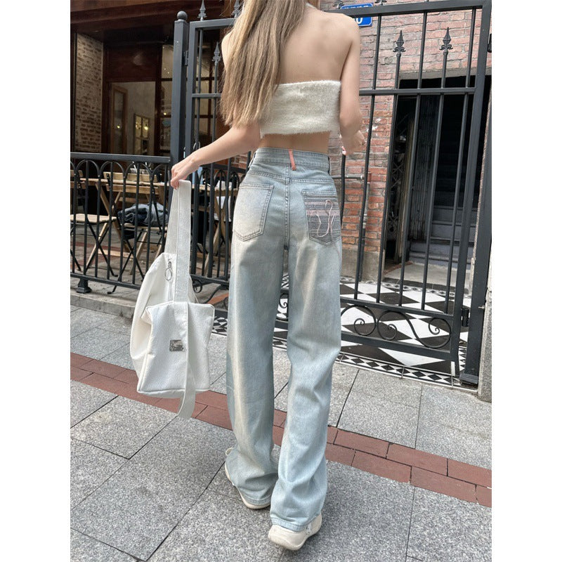 Light Blue Summer Washed Wide-Leg Floor-Length Jeans