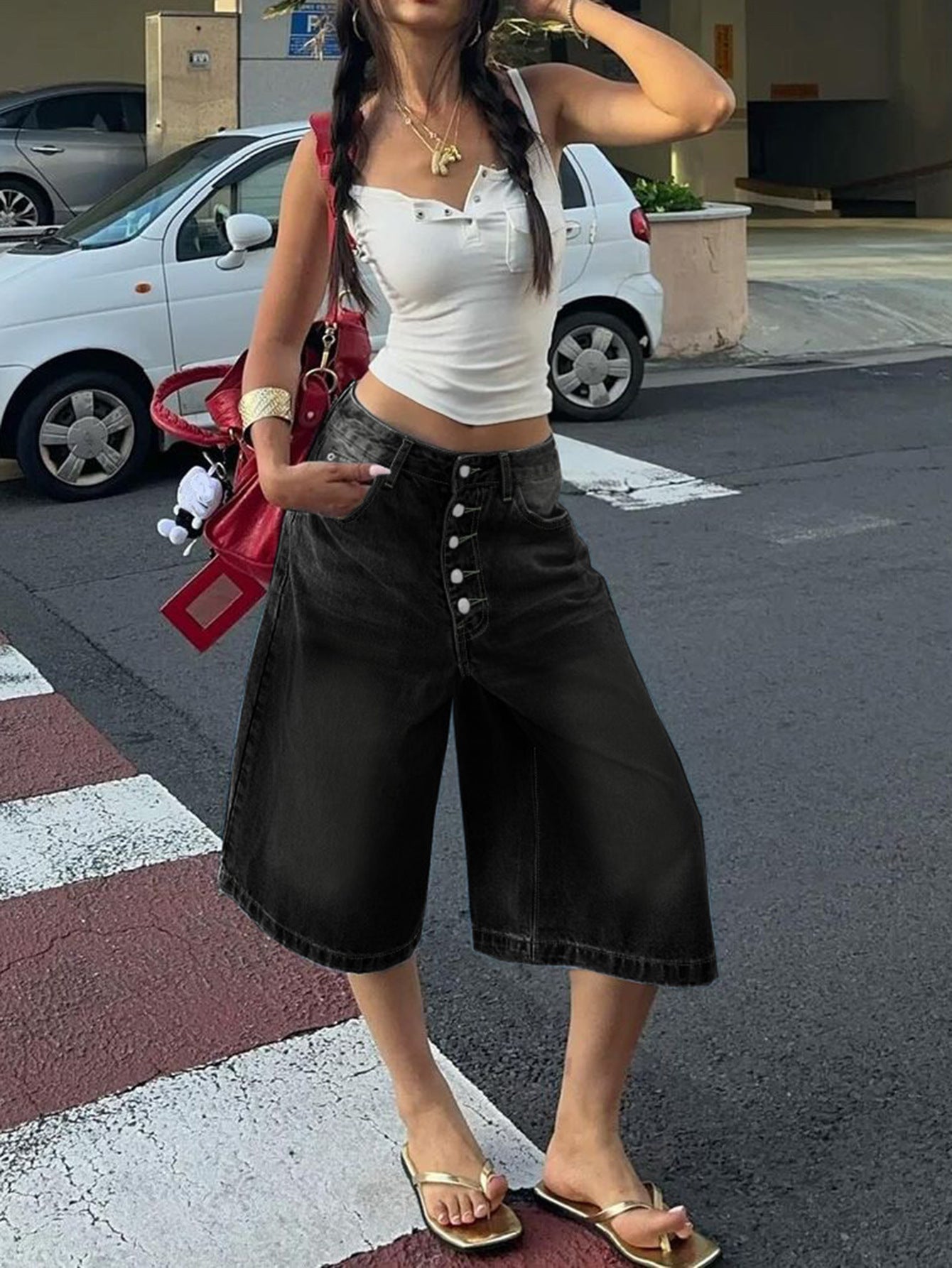 Pantalones cortos de mezclilla múltiples de cintura alta con borde moderno