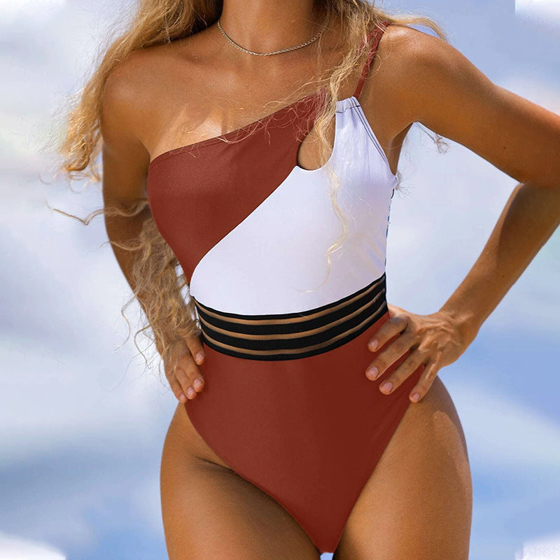 Women's One Piece Black and White Asymmetrical Cold Shoulder Swimsuit