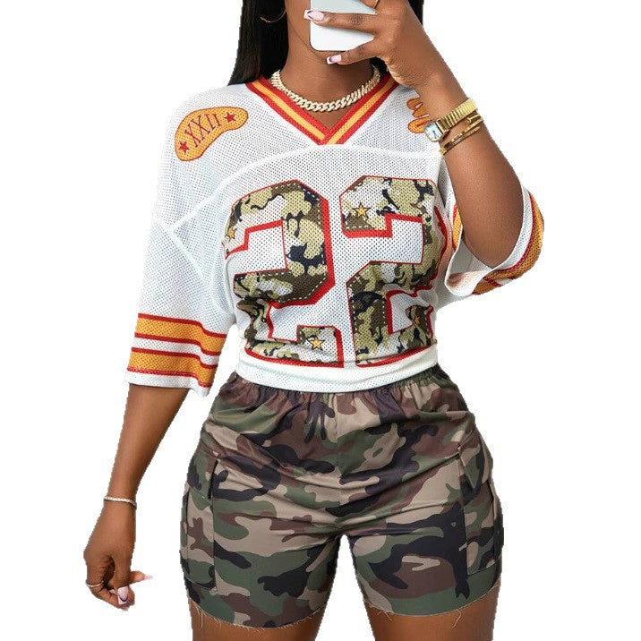 Women's Loose-Fit Casual V-Neck Mesh Short-Sleeve Printed Pullover T-Shirt