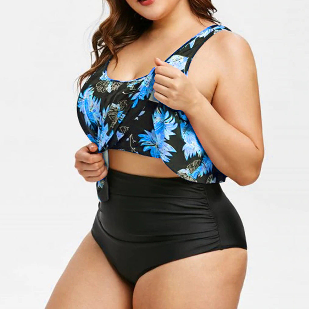 High-Waist Lotus Print One-Piece Swimsuit for Elegant Flair