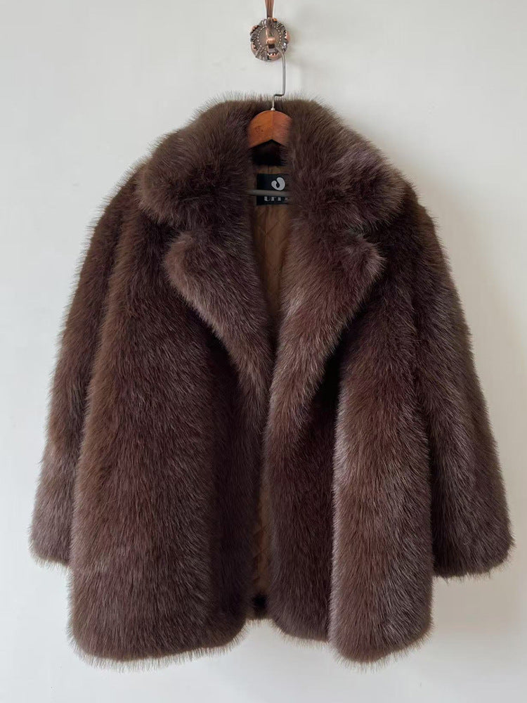 Women's Autumn Winter Warm Notched Collar Mid-Length Fur Coat