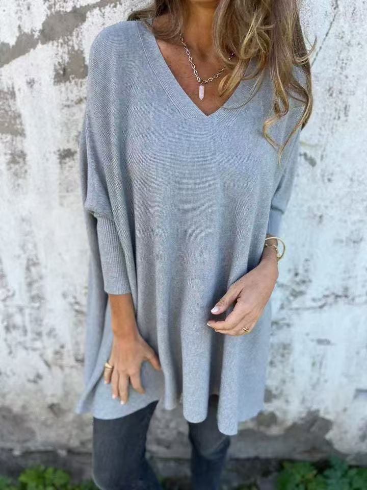 Autumn Winter Knitted V Neck Long Sleeve Loose Top For Women