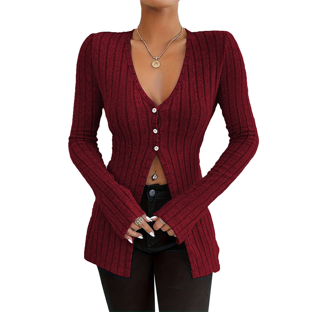 European French-Style V-Neck Long-Sleeve Crop Top For Women