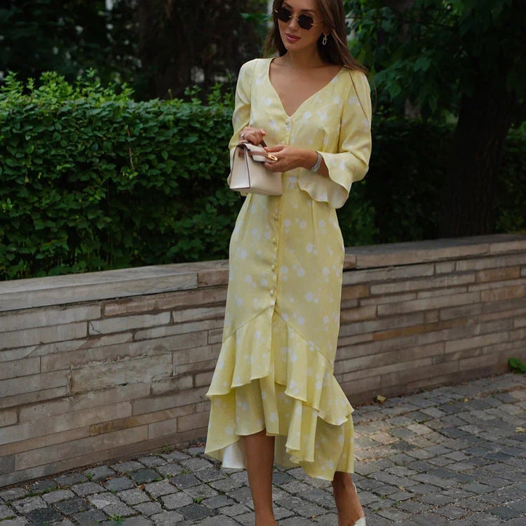 Asymmetric V-Neck Delicate Floral Dress with Breezy Flared Sleeves