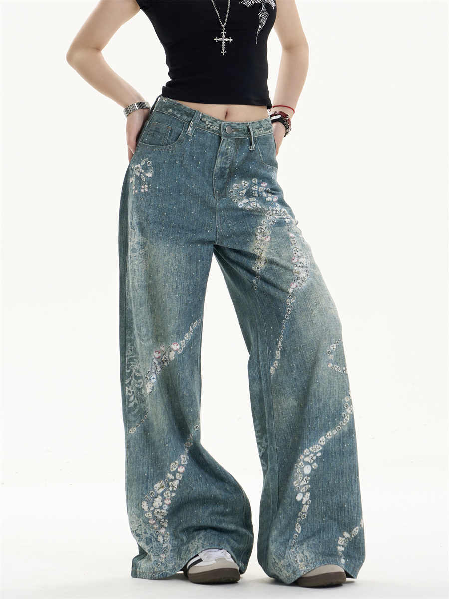 Jeans leg lebar bowknot cetak dengan twist feminin