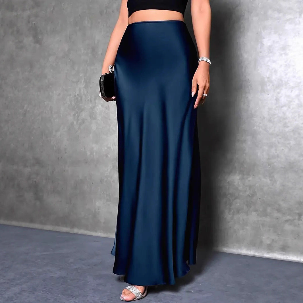Women's High Waist Solid Color Extra Long Satin Mermaid Skirt