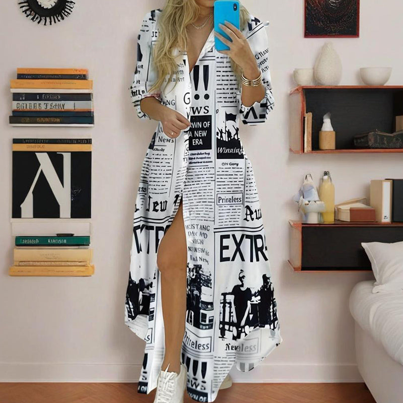 Krantenprint shirtjurk met ontspannen button-down aantrekkingskracht