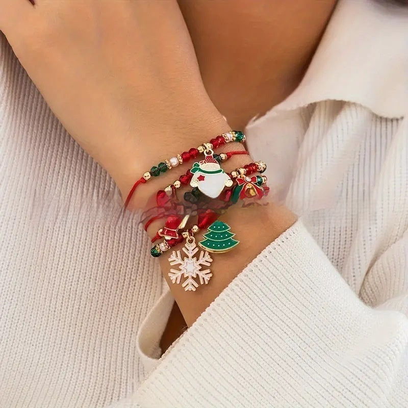 5-Piece Christmas Ribbon & Bead Bracelet Set With Tree, Bell, Snowflake, Wreath & Snowman