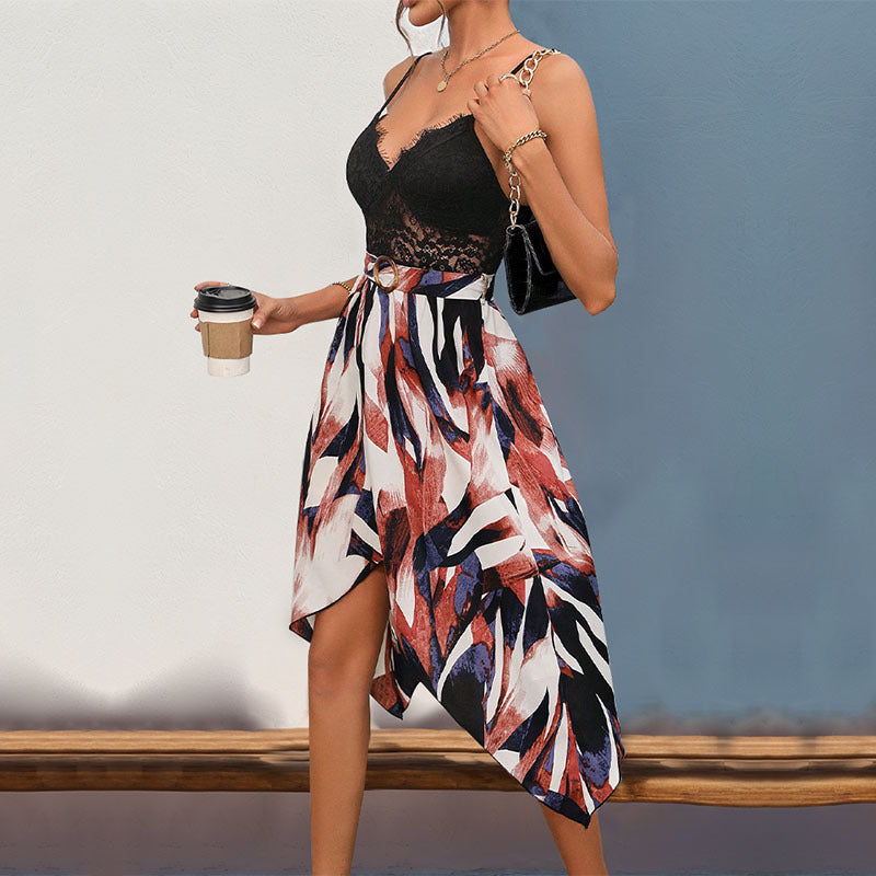 Asymmetric Lace V-Neck Strap Dress with Irregular Hem Swing