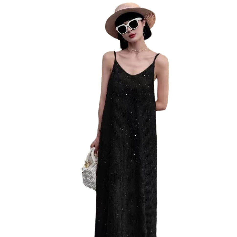 Sequin Pleated Cami Dress with Elegant Temperament Silhouette