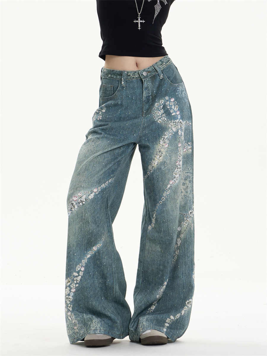 Jeans leg lebar bowknot cetak dengan twist feminin
