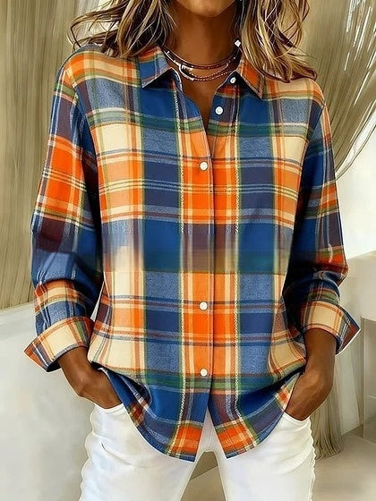 Women's Long-Sleeve Shirt Casual Loose-Fit Plus-Size Collared Blouse