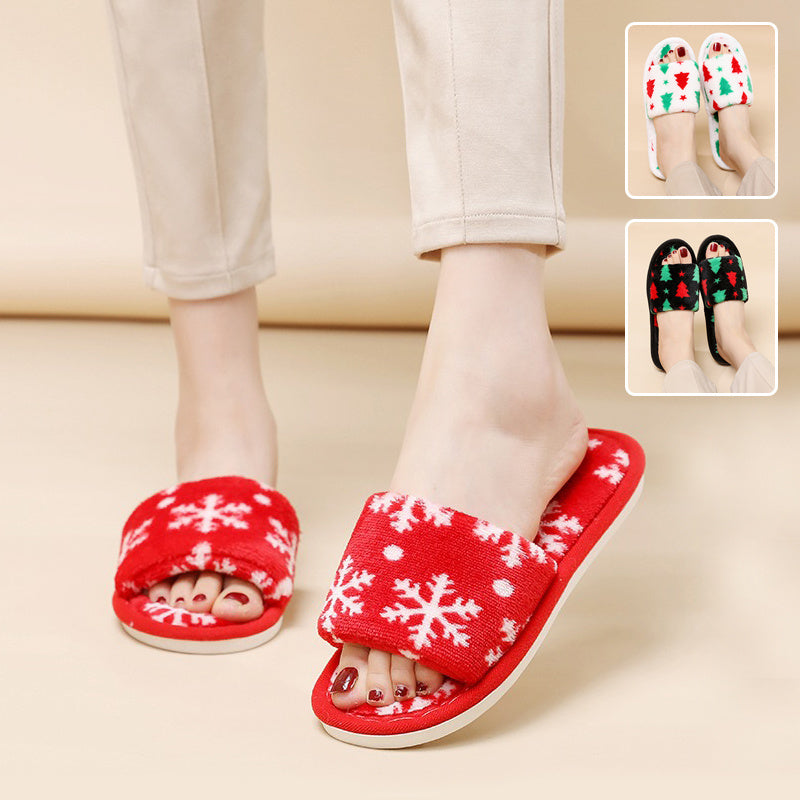 Multicolor Christmas Themed Fleece Open Toed House Shoes