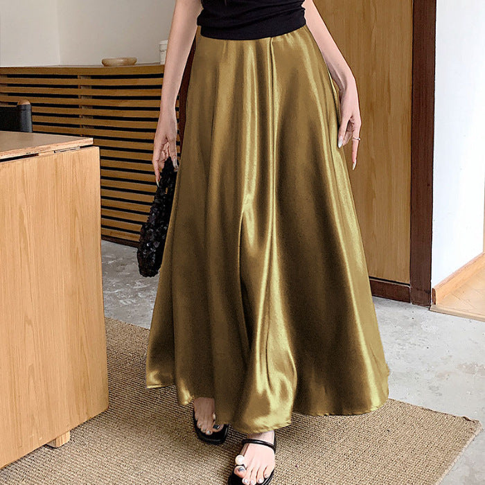 Acetate Satin Draped Skirt For Casual Versatile Styling-Gold-Theone Apparel