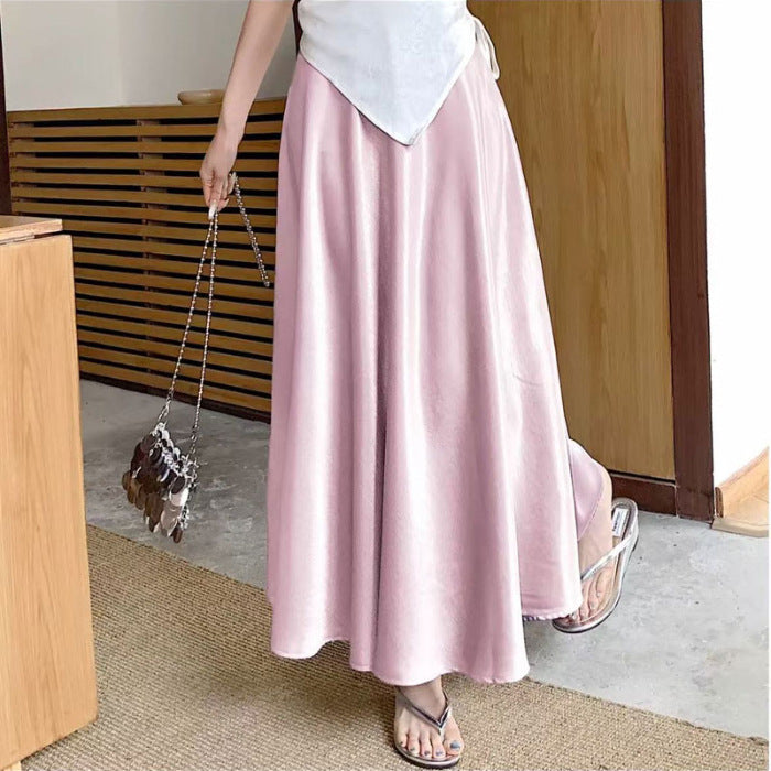 Acetate Satin Draped Skirt For Casual Versatile Styling-Pink-Theone Apparel