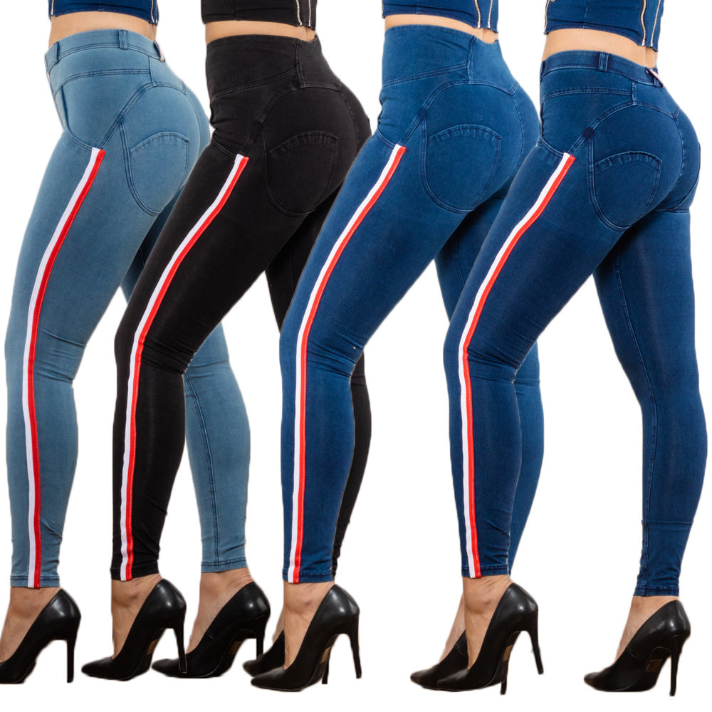 Jeggings de lápis pretos com design esbelto listrado