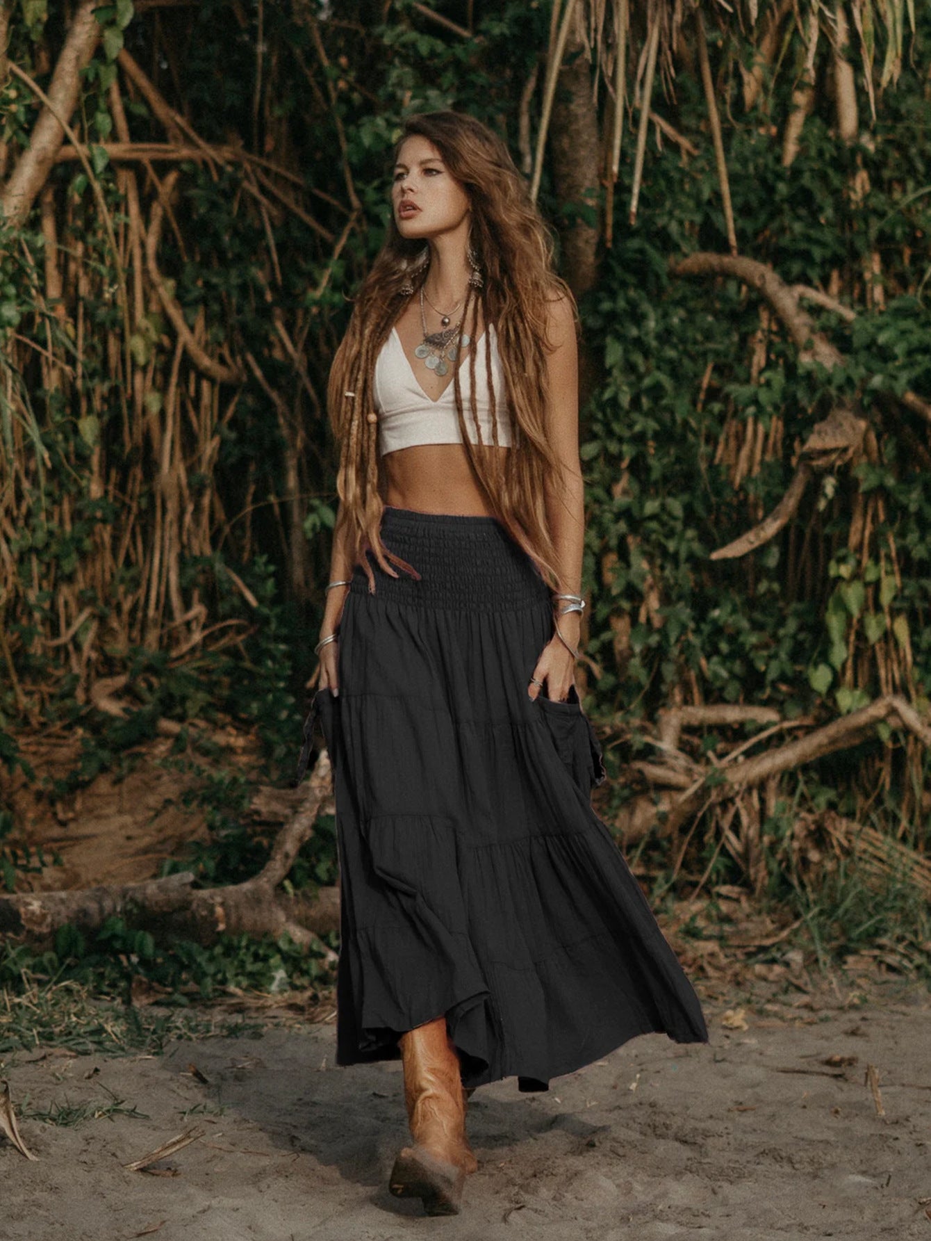 Bohemian Loose Solid Skirt For Relaxed Everyday Comfort-Black-Theone Apparel