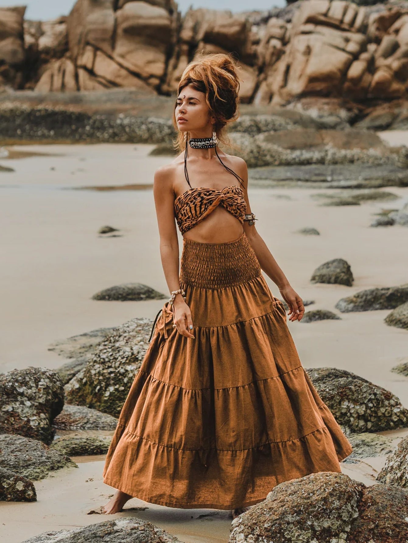 Bohemian Loose Solid Skirt For Relaxed Everyday Comfort-Orange-Theone Apparel