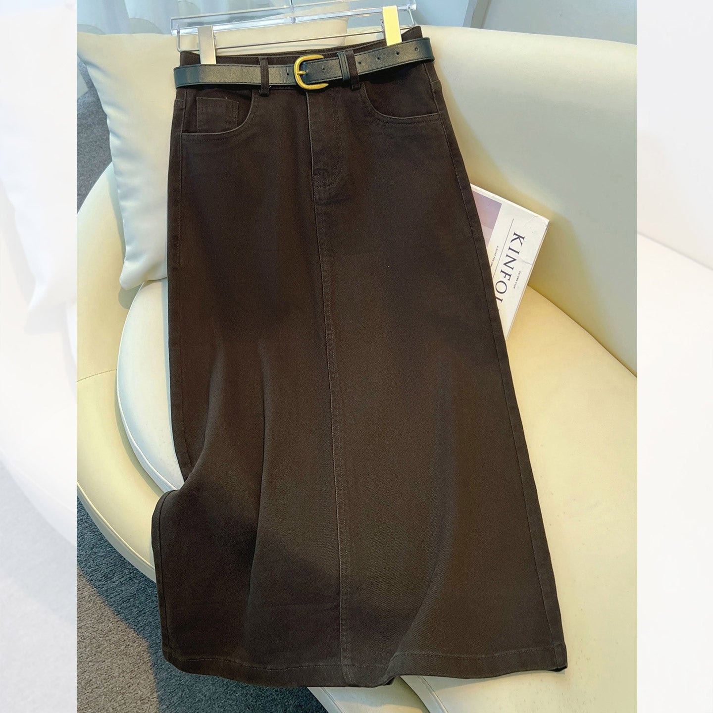 Brown A-Line Retro Slit Skirt That Flatters Every Curve-Theone Apparel