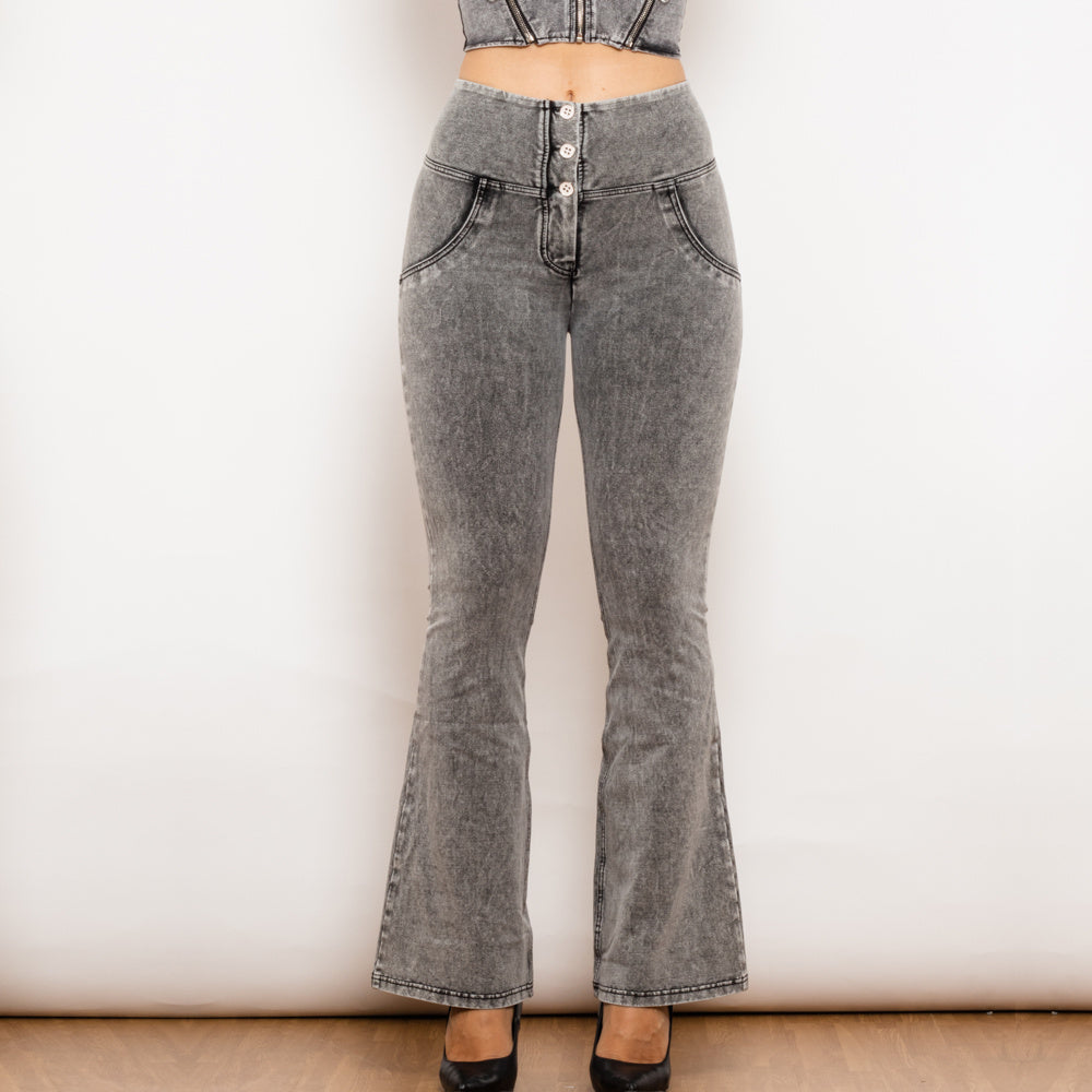 Button-Up High-Waisted Flared Jeans with Push-Up Support-Gray-Theone Apparel