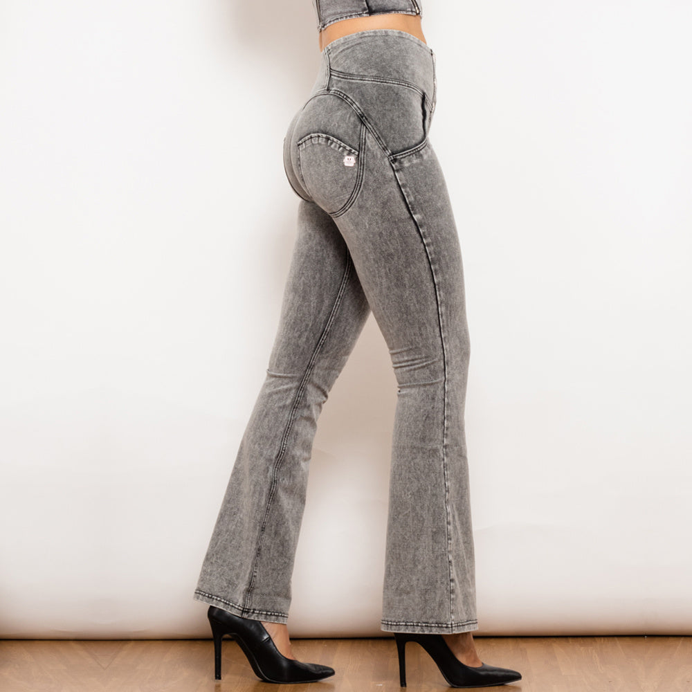 Button-Up High-Waisted Flared Jeans with Push-Up Support-Theone Apparel