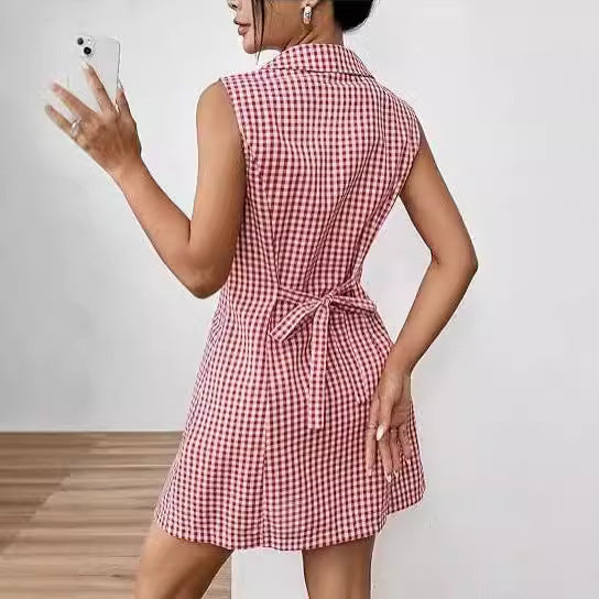 Chic French Plaid Lapel Dress with Vintage Retro Allure-Theone Apparel
