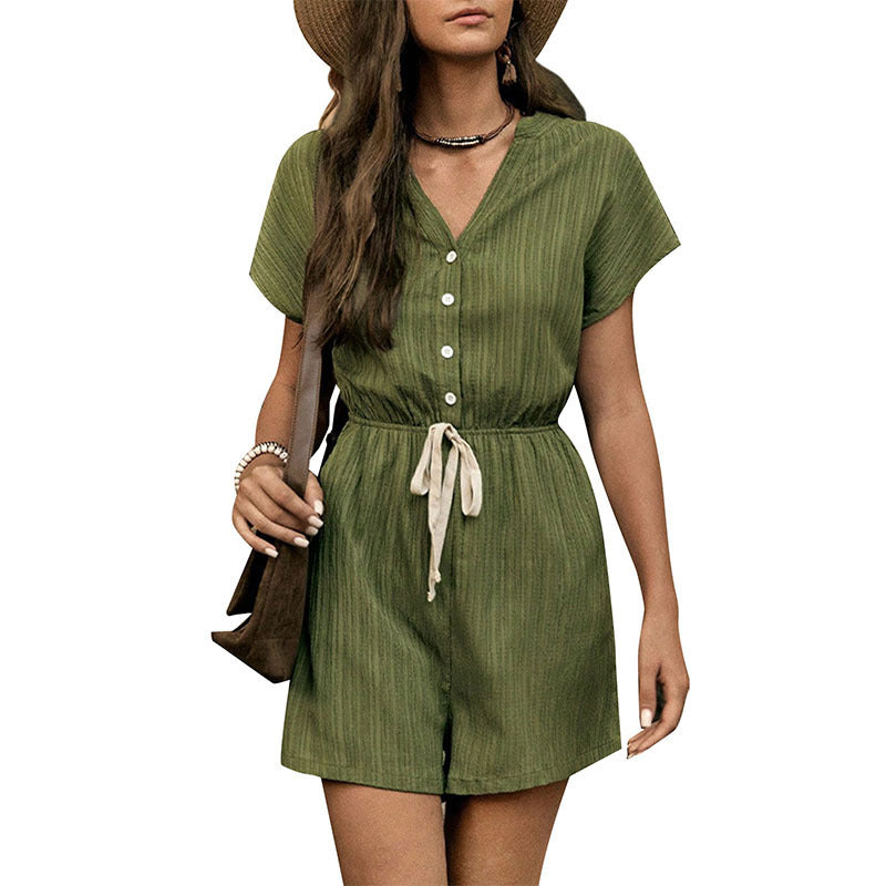 Chic Pleated Deep V-Neck One-Piece Jumpsuit for Women Summer-Theone Apparel